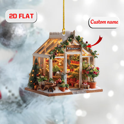 2D greenhouse acrylic ornament, personalized garden Christmas decor, custom name ornament, holiday tree decoration, gift for gardeners