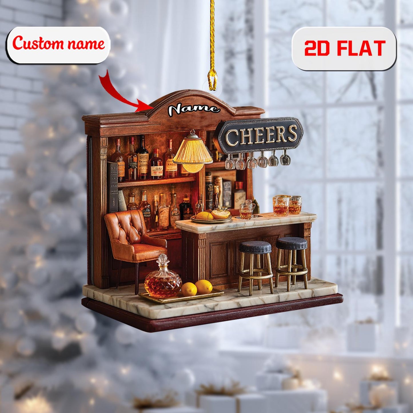 2D home bar acrylic ornament, personalized Christmas pub decor, custom name ornament, holiday tree decoration, gift for bartenders