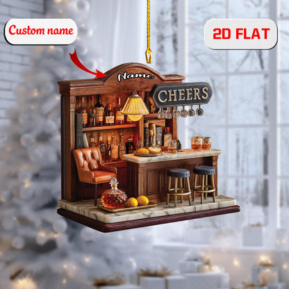 2D home bar acrylic ornament, personalized Christmas pub decor, custom name ornament, holiday tree decoration, gift for bartenders