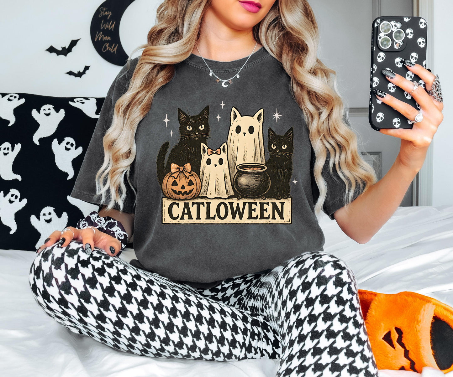 Ghost Cat Shirt, Cat Halloween Shirt, Spooky Black Cat Halloween Sweatshirt, Halloween For Pumpkin Gift, Cat Lover Halloween Tee