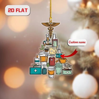 Personalized Medical Ornament Christmas Tree, Custom Name Nurse Doctor Gift, Healthcare Coffee Ornament for Medical Professional