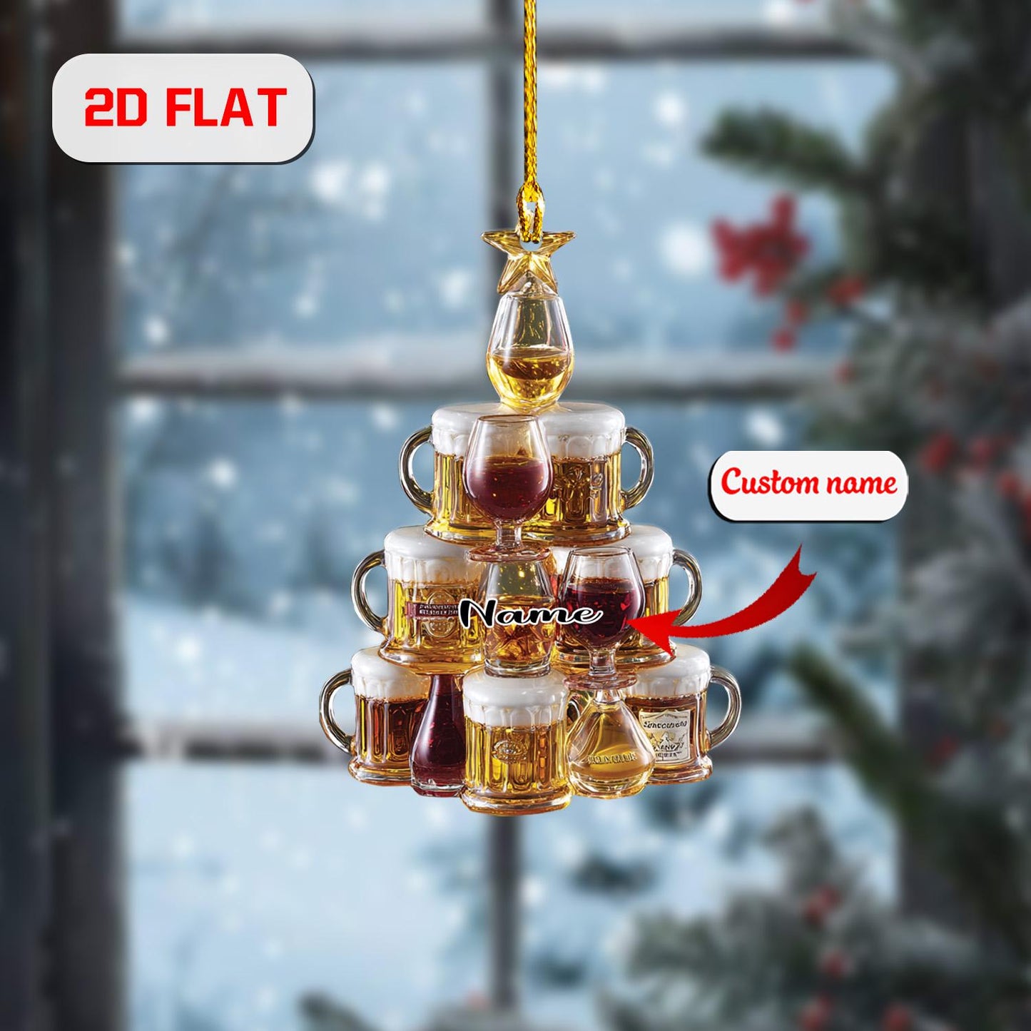 Personalized Beer Ornament Christmas Tree, Custom Name Wine Whiskey Glass Gift, Funny Holiday Bar Ornament for Beer Lover