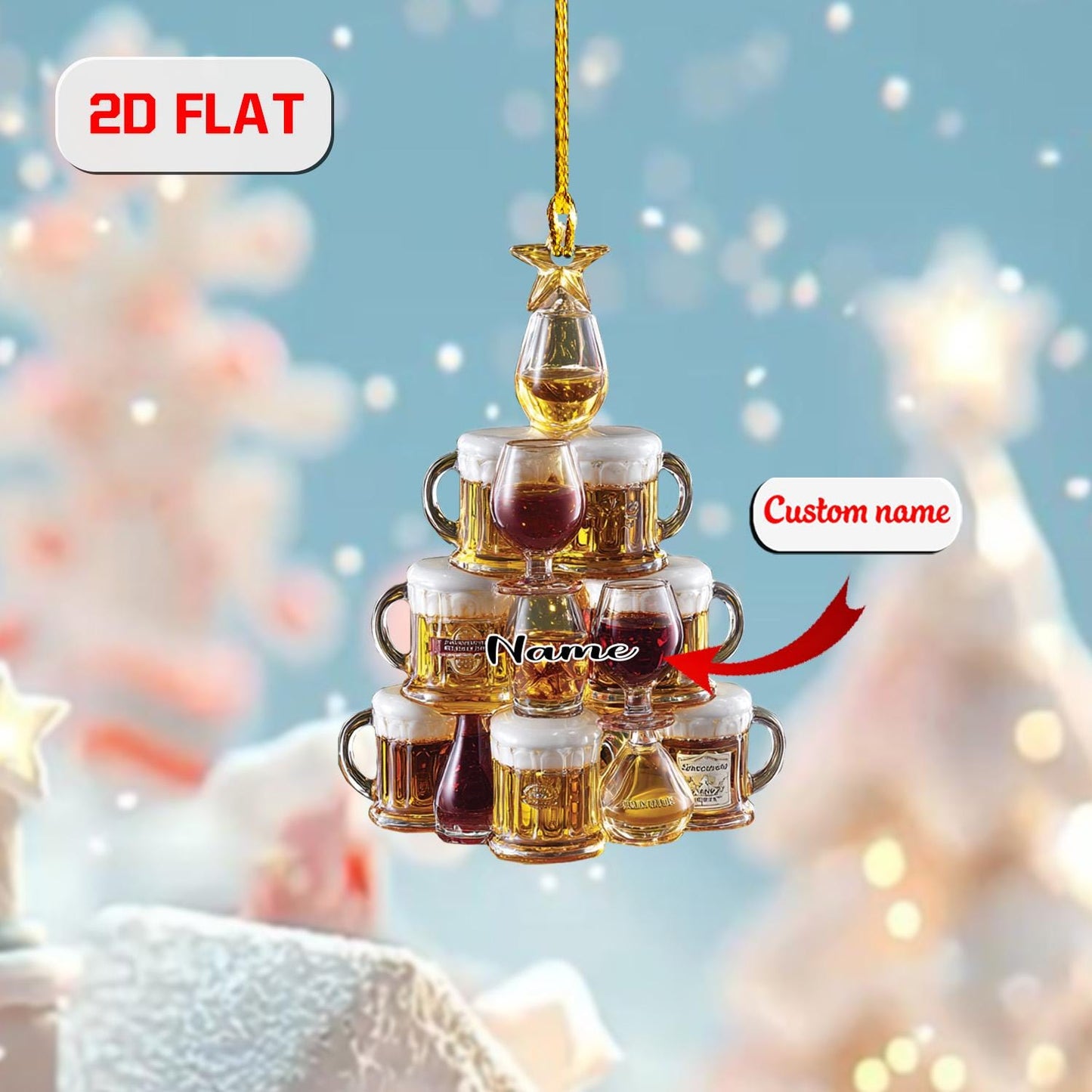 Personalized Beer Ornament Christmas Tree, Custom Name Wine Whiskey Glass Gift, Funny Holiday Bar Ornament for Beer Lover