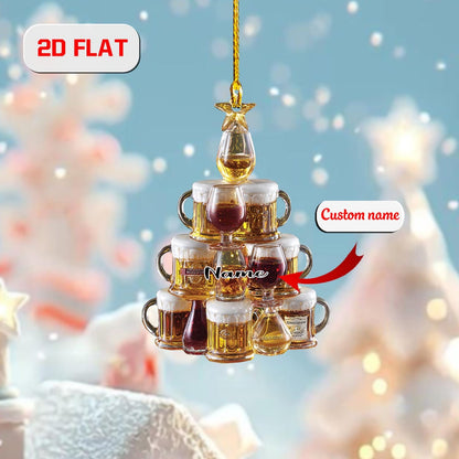 Personalized Beer Ornament Christmas Tree, Custom Name Wine Whiskey Glass Gift, Funny Holiday Bar Ornament for Beer Lover