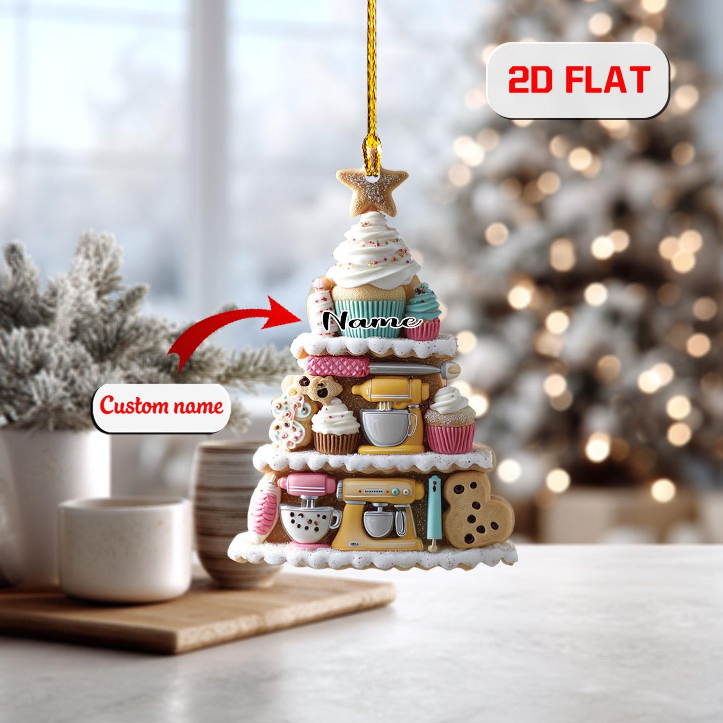 Personalized Baking Ornament Christmas Tree, Custom Name Cupcake Cookie Mixer Gift, Holiday Kitchen Decor for Baker Pastry Lover