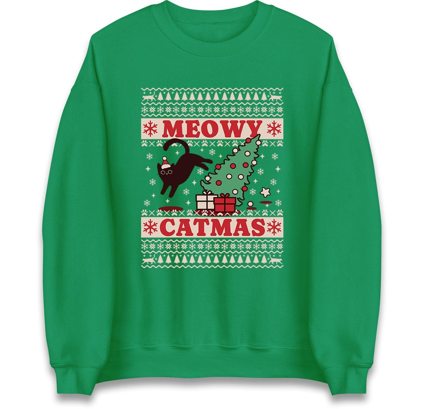 Meowy Catmas Ugly Christmas Jumper with Black Cat Tree Design, Funny Xmas Cat Hoodie, Holiday Cat Lover T Shirt, Kitty Gift Top