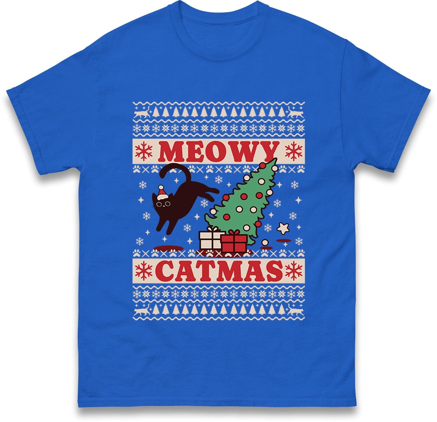 Meowy Catmas Ugly Christmas Jumper with Black Cat Tree Design, Funny Xmas Cat Hoodie, Holiday Cat Lover T Shirt, Kitty Gift Top