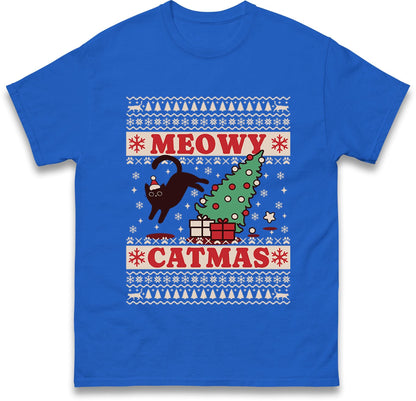 Meowy Catmas Ugly Christmas Jumper with Black Cat Tree Design, Funny Xmas Cat Hoodie, Holiday Cat Lover T Shirt, Kitty Gift Top