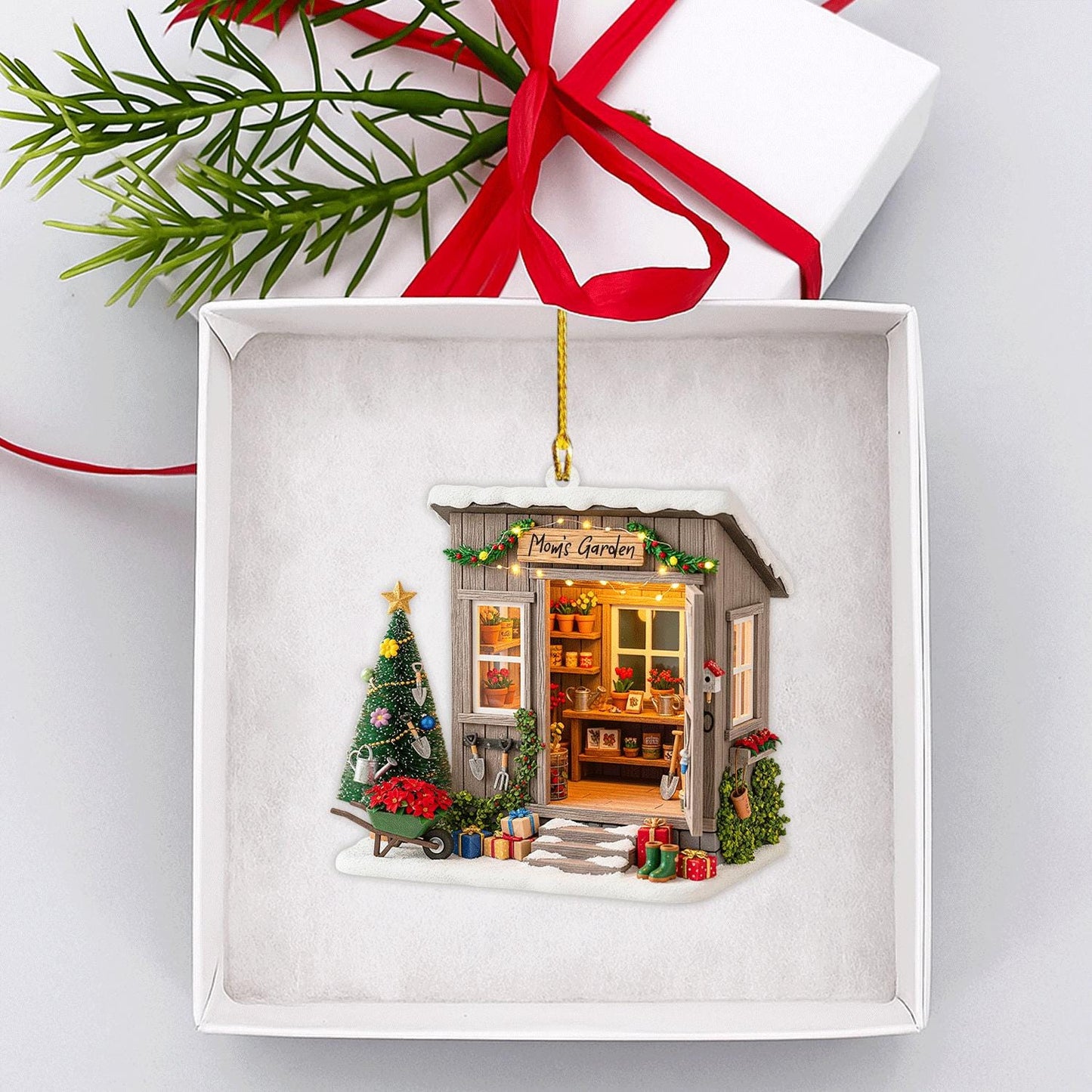 Personalized Garden Shed Christmas Ornament 2025 – Custom Name Gardener Holiday Tree Decor with Tools & Gifts, 2D Flat Onament