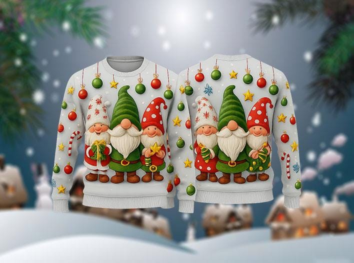 Ugly Christmas Sweater Gnome Trio, Funny Santa Gnomes Xmas Sweatshirt, Holiday Party Outfit, Cute Family Winter Gift Pullover