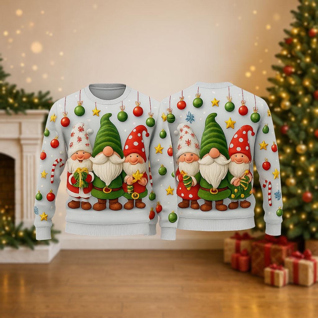 Ugly Christmas Sweater Gnome Trio, Funny Santa Gnomes Xmas Sweatshirt, Holiday Party Outfit, Cute Family Winter Gift Pullover