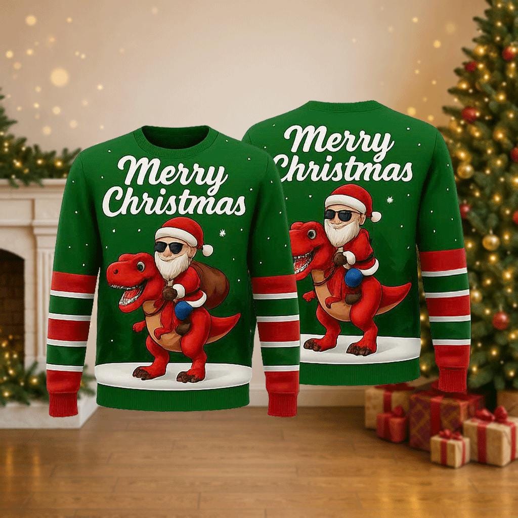 Ugly Christmas Sweater Santa Riding Dinosaur, Funny T Rex Xmas Sweatshirt, Holiday Party Outfit, Novelty Winter Gift Pullover