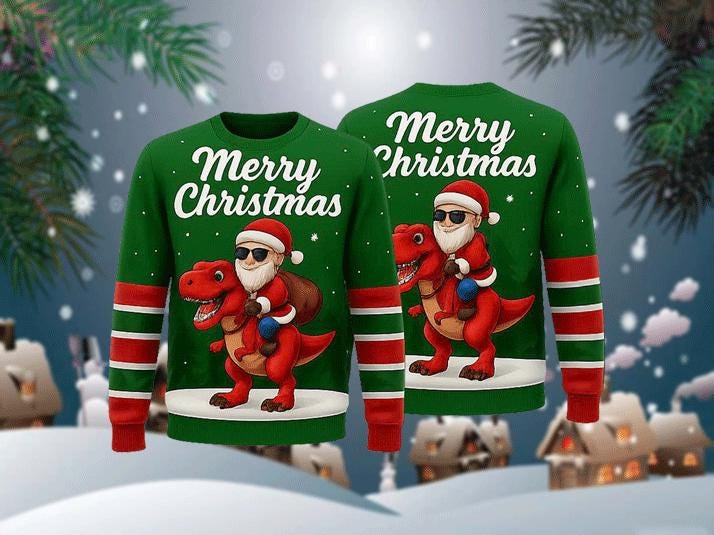 Ugly Christmas Sweater Santa Riding Dinosaur, Funny T Rex Xmas Sweatshirt, Holiday Party Outfit, Novelty Winter Gift Pullover