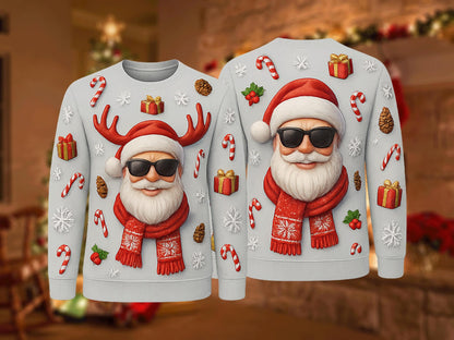 Ugly Christmas Sweater Santa Cool, Funny Sunglasses Xmas Sweatshirt, Holiday Party Outfit, Novelty Winter Gift Pullover
