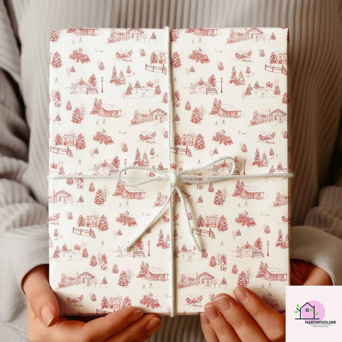 Christmas Village Toile Wrapping Paper: Rustic Winter Cabin Gift Wrap