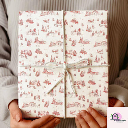 Christmas Village Toile Wrapping Paper: Rustic Winter Cabin Gift Wrap