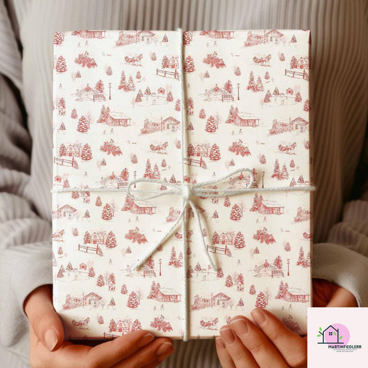 Christmas Village Toile Wrapping Paper: Rustic Winter Cabin Gift Wrap