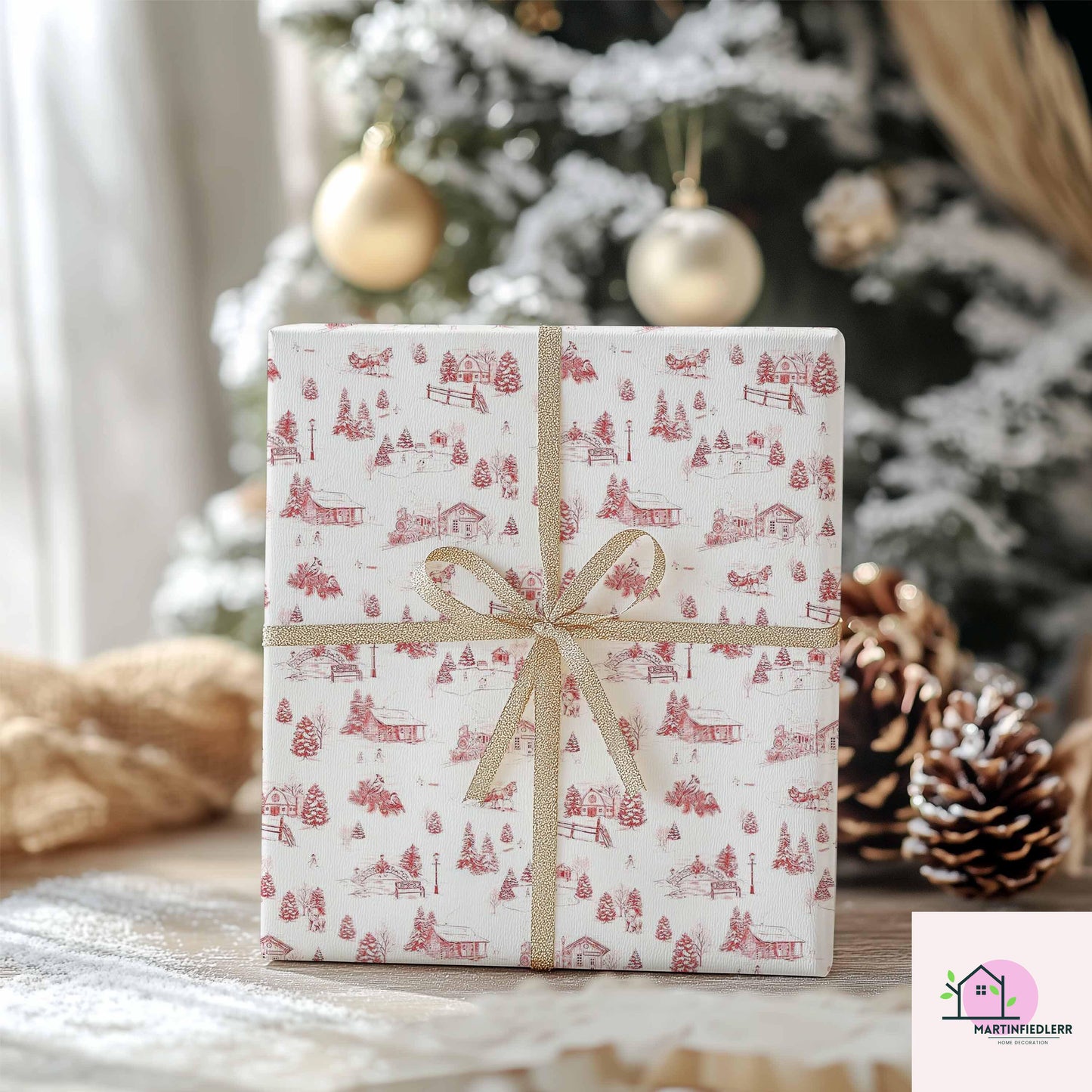 Christmas Village Toile Wrapping Paper: Rustic Winter Cabin Gift Wrap