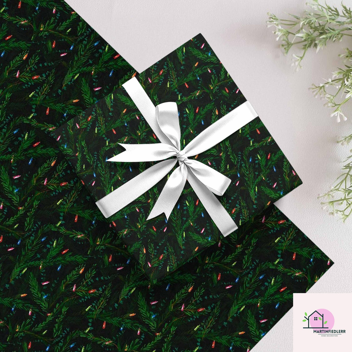 Christmas Lights Wrapping Paper, Black Evergreen Holiday Gift Wrap Sheets, Festive Pine Branch Xmas Packaging, Dark Night Winter Party Style