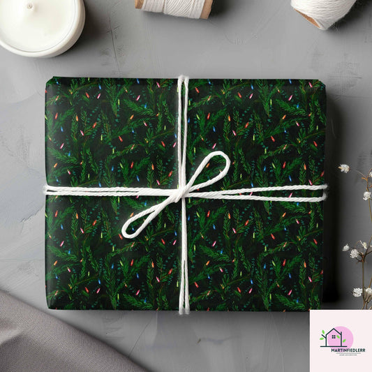 Christmas Lights Wrapping Paper, Black Evergreen Holiday Gift Wrap Sheets, Festive Pine Branch Xmas Packaging, Dark Night Winter Party Style