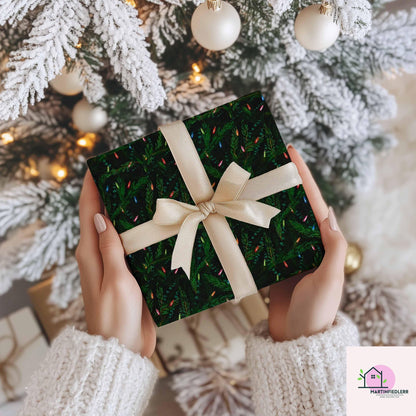 Christmas Lights Wrapping Paper, Black Evergreen Holiday Gift Wrap Sheets, Festive Pine Branch Xmas Packaging, Dark Night Winter Party Style
