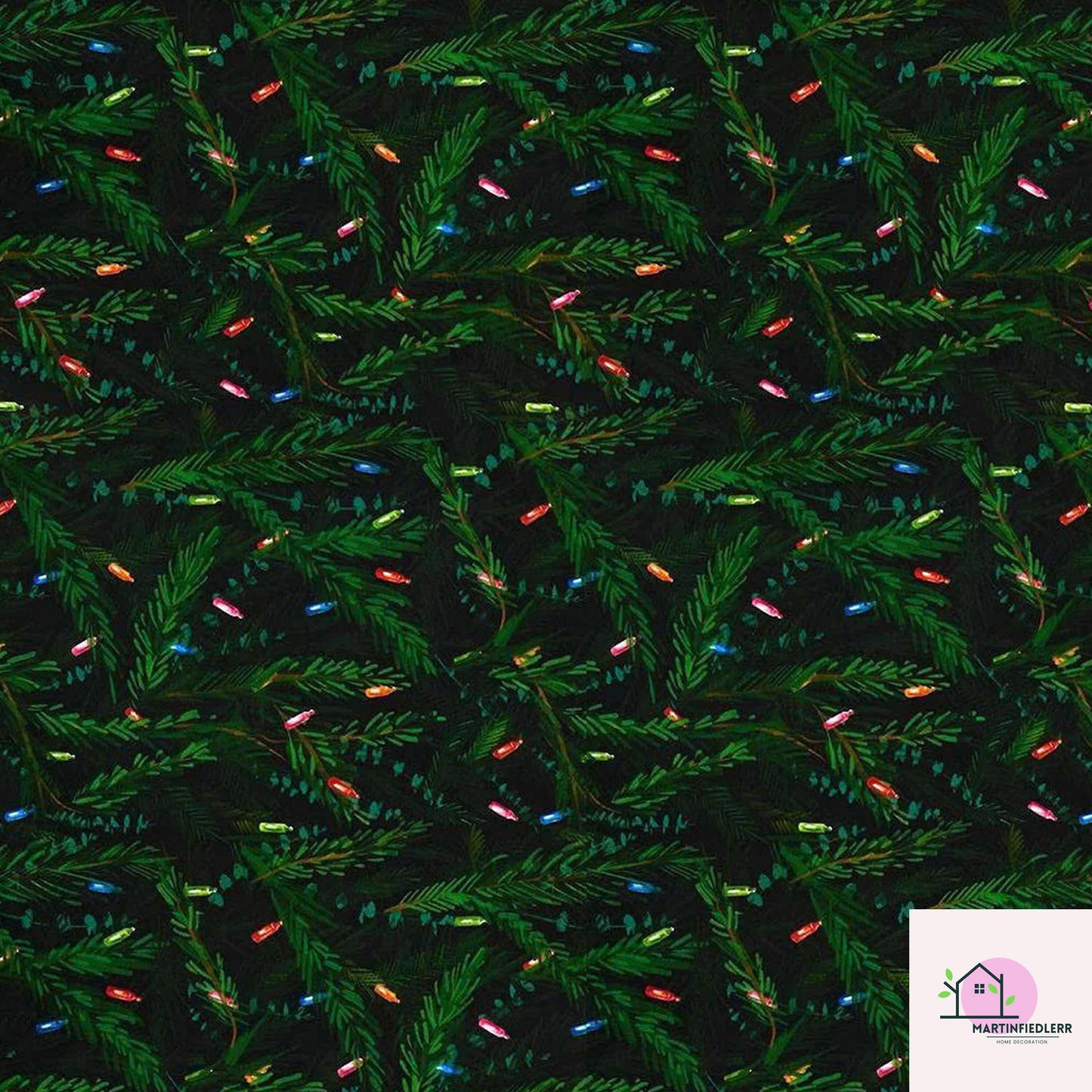 Christmas Lights Wrapping Paper, Black Evergreen Holiday Gift Wrap Sheets, Festive Pine Branch Xmas Packaging, Dark Night Winter Party Style