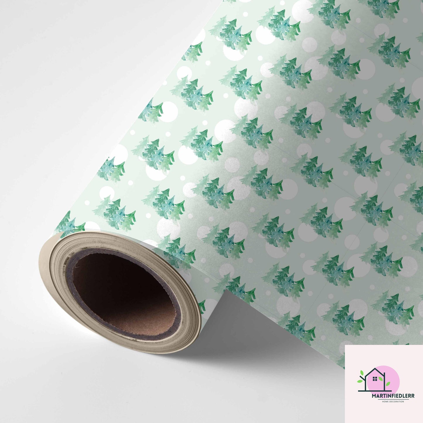 Watercolor Christmas Tree Wrapping Paper, Mint Green Holiday Gift Wrap Sheets, Winter Snow Dot Packaging, Minimal Festive Nature Style