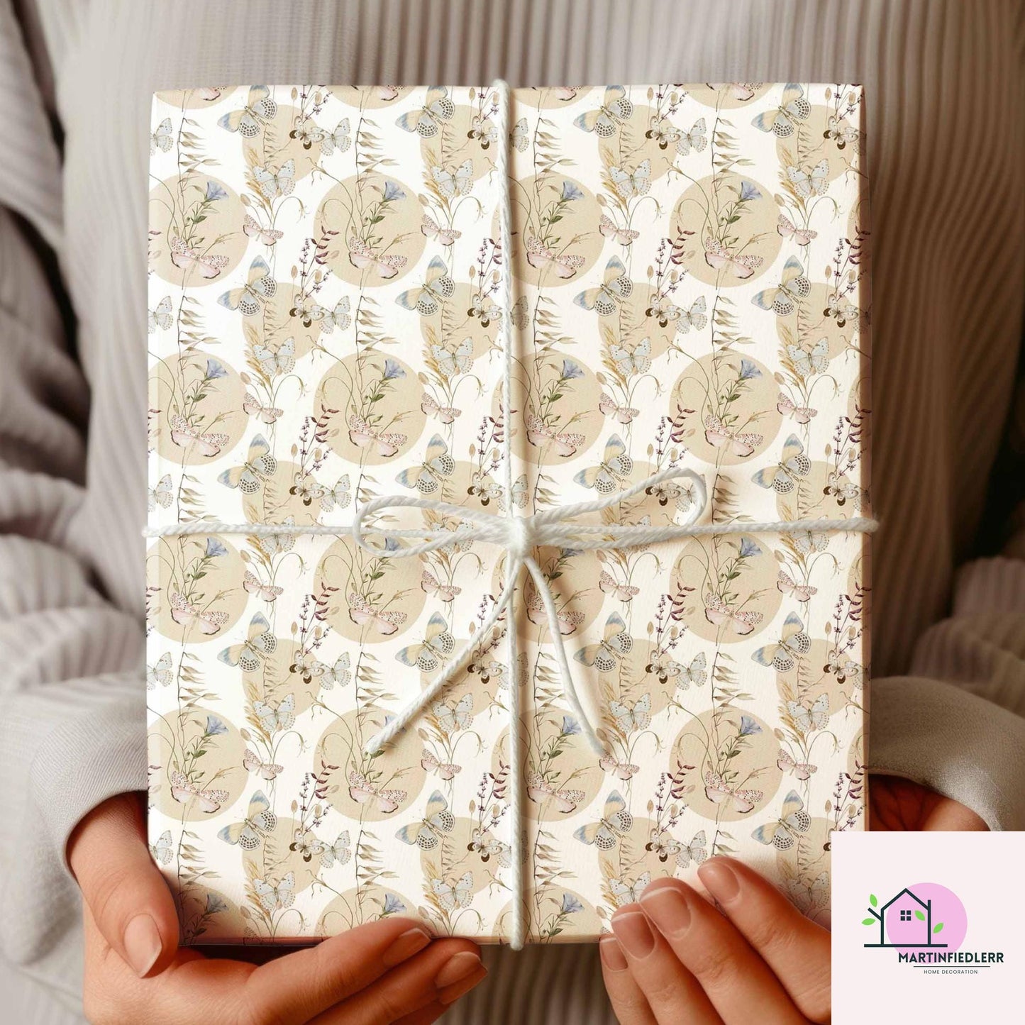 Boho Butterfly Wrapping Paper: Beige Wildflower Gift Wrap