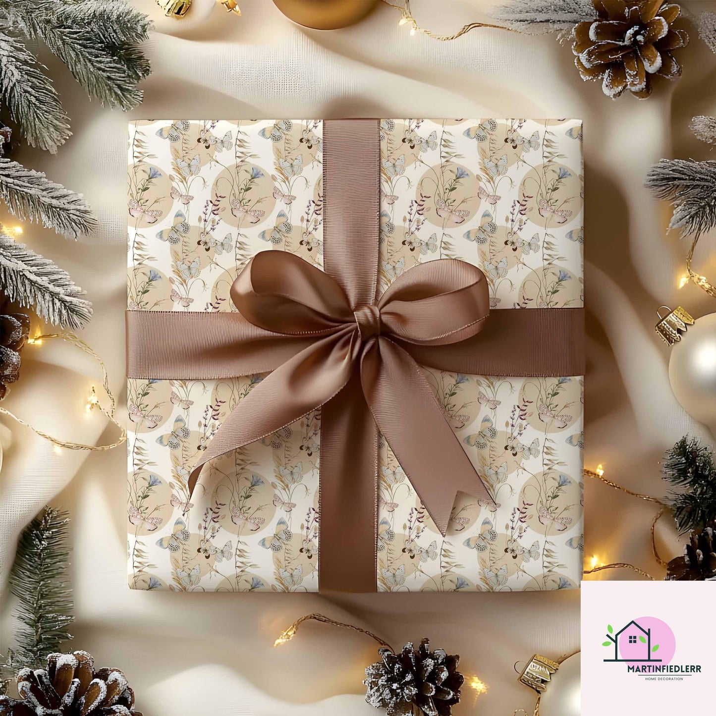 Boho Butterfly Wrapping Paper: Beige Wildflower Gift Wrap