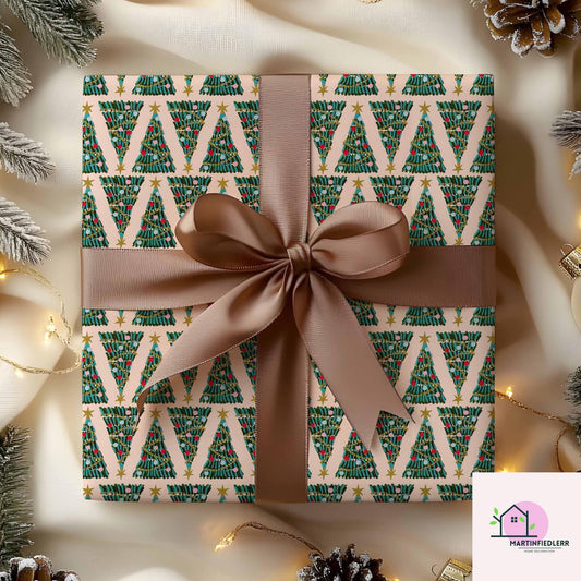 Christmas Tree Wrapping Paper, Pink Holiday Gift Wrap Sheets, Festive Green Red Blue Ornament Packaging, Modern Winter Party Style