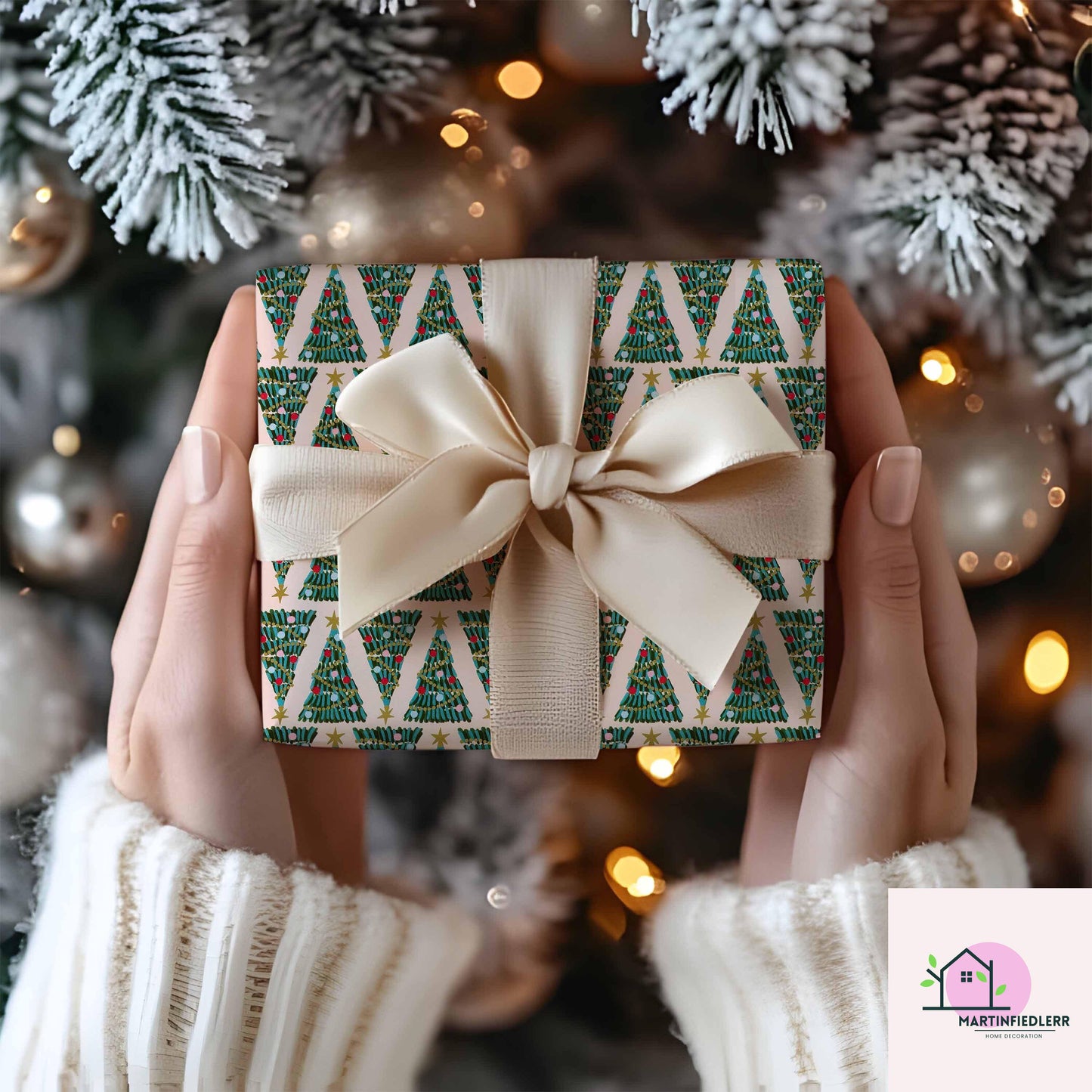 Christmas Tree Wrapping Paper, Pink Holiday Gift Wrap Sheets, Festive Green Red Blue Ornament Packaging, Modern Winter Party Style