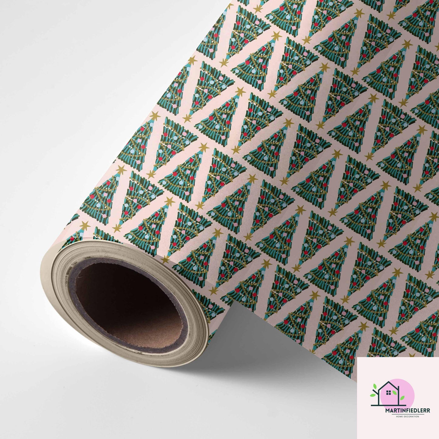 Christmas Tree Wrapping Paper, Pink Holiday Gift Wrap Sheets, Festive Green Red Blue Ornament Packaging, Modern Winter Party Style