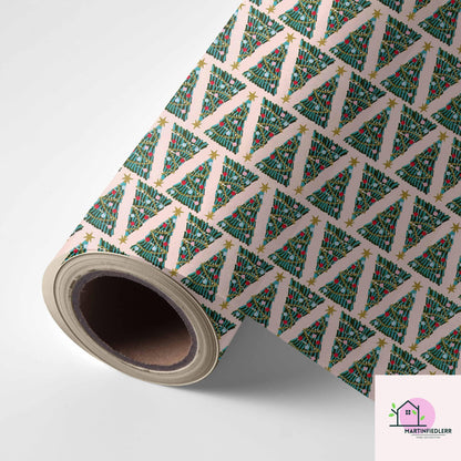 Christmas Tree Wrapping Paper, Pink Holiday Gift Wrap Sheets, Festive Green Red Blue Ornament Packaging, Modern Winter Party Style