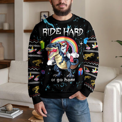 Funny Dinosaur Unicorn Ride Hard 3D Printed Mens Ugly Christmas Sweater Winter Unisex Casual Knit Sweater, Winter Holiday Knit Sweater