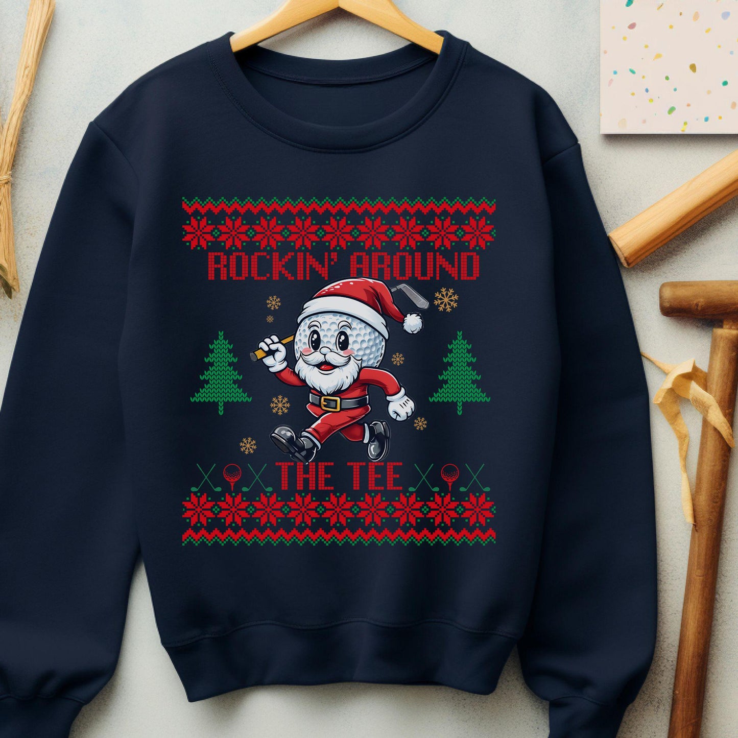 Rockin' Around the Christmas Tree Shirt Santa Claus Golfing Golf Ugly Funny Secret Santa Gift Ideas Ugly Party Golfer Dad