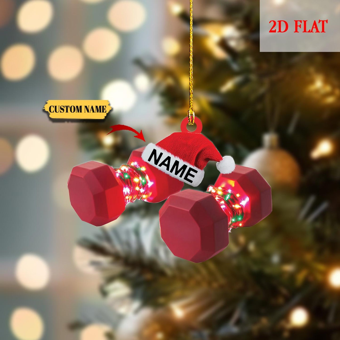 Personalized Dumbbell  Fitness Christmas Ornament, Gift For Gym Lover, Xmas Tree Hanging Decoration, Light Weight Dumbbells 2D Flat Ornament
