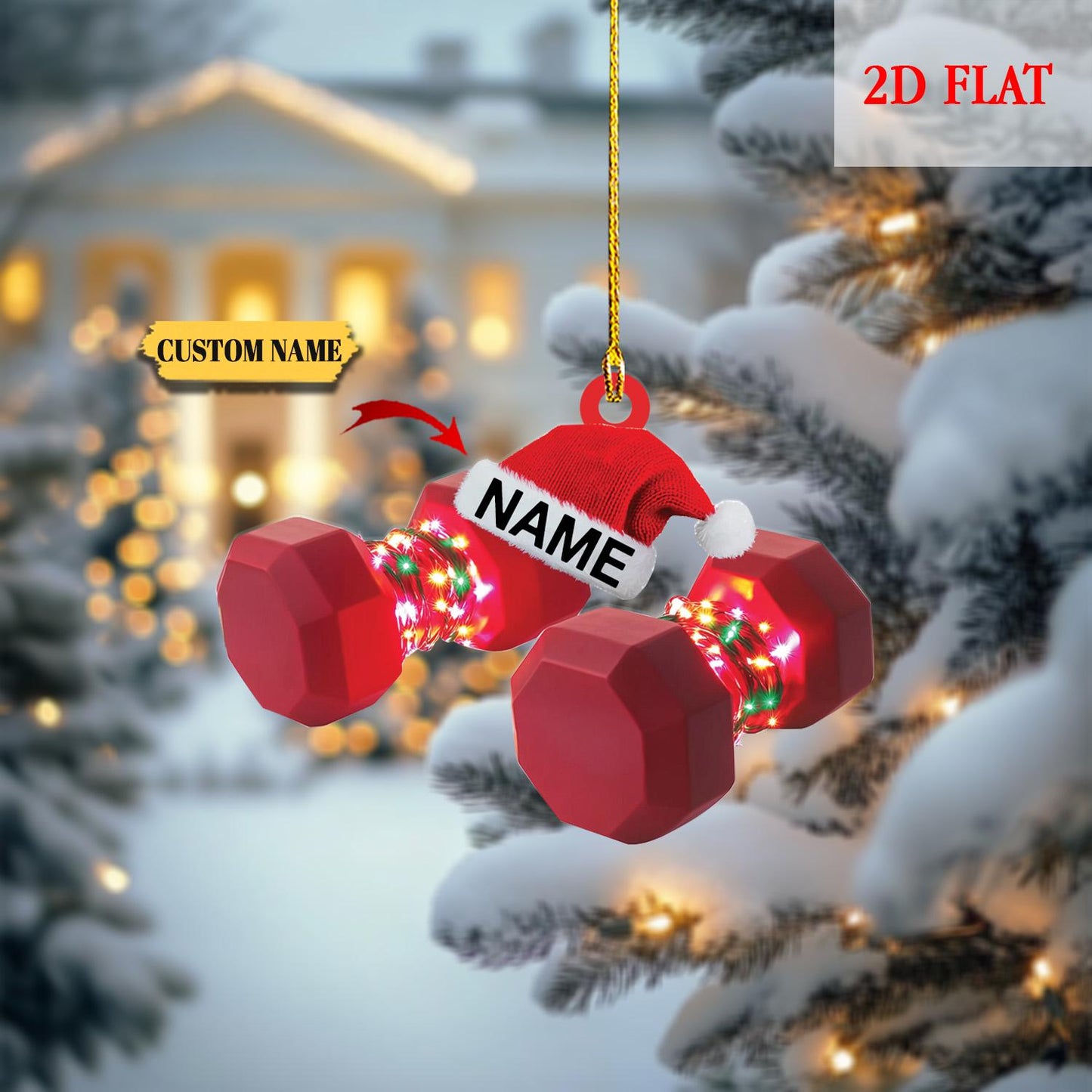 Personalized Dumbbell  Fitness Christmas Ornament, Gift For Gym Lover, Xmas Tree Hanging Decoration, Light Weight Dumbbells 2D Flat Ornament
