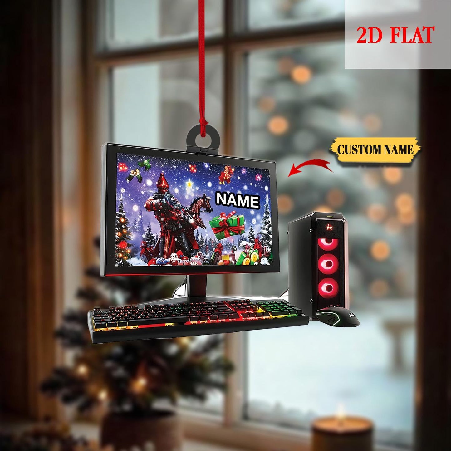 Custom Name Gamer 2D Flat Ornament, Gaming Computer Christmas Ornament, Christmas Tree Decor, Computer Ornament, Gift for Him Ornament Gift