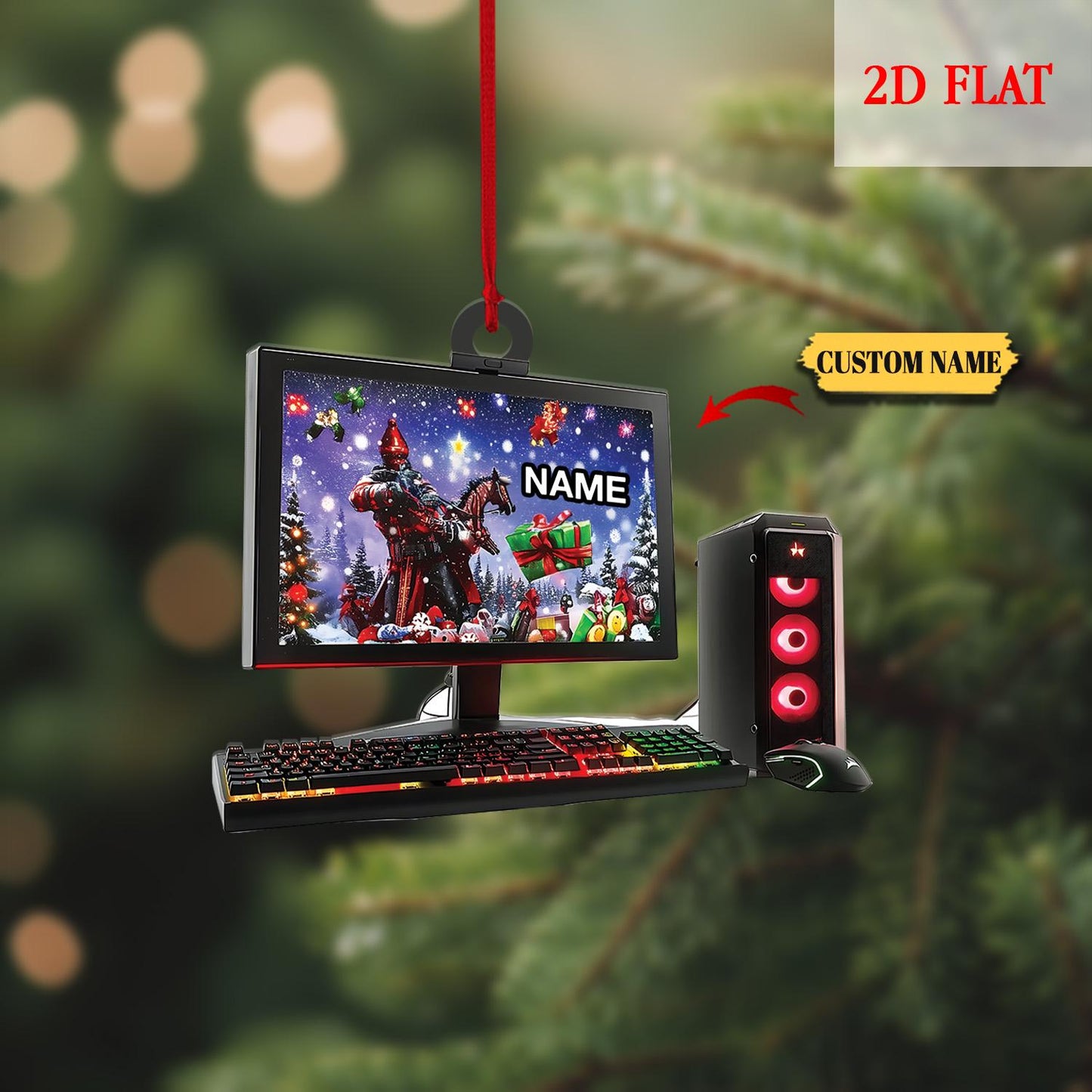 Custom Name Gamer 2D Flat Ornament, Gaming Computer Christmas Ornament, Christmas Tree Decor, Computer Ornament, Gift for Him Ornament Gift