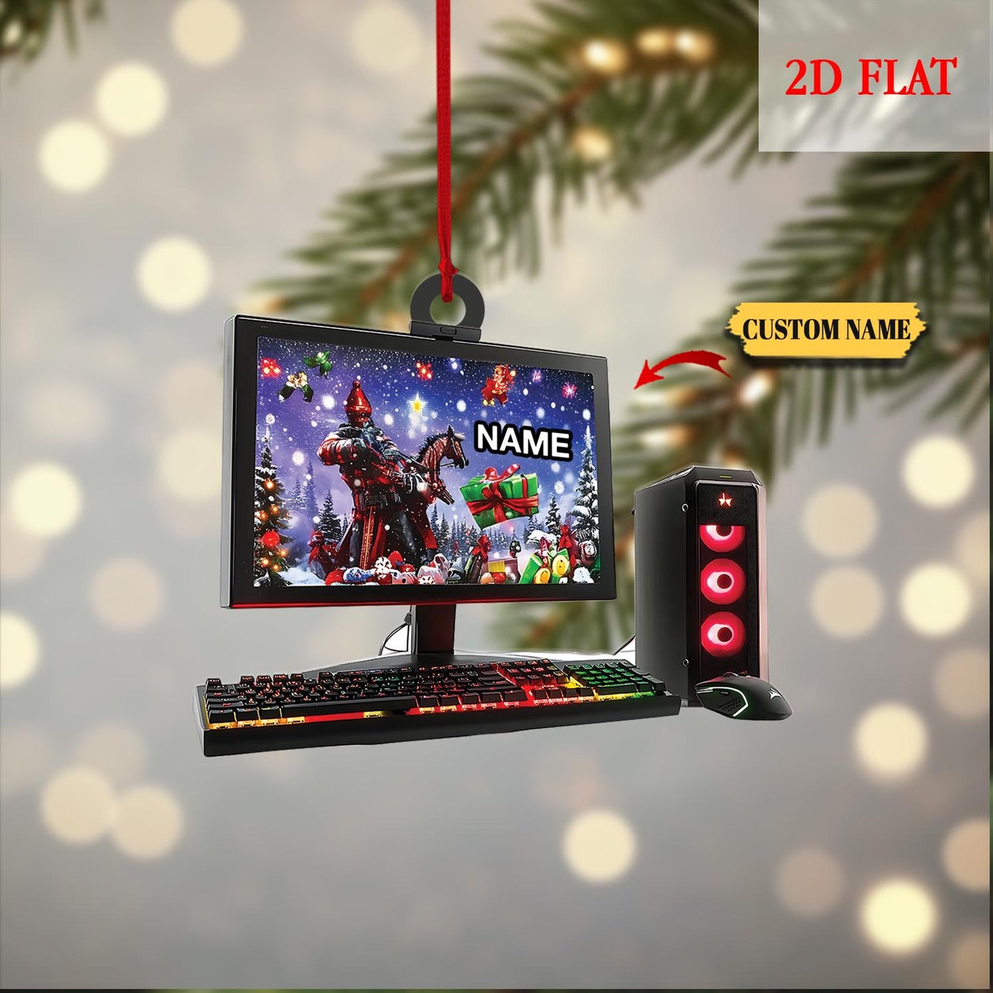 Custom Name Gamer 2D Flat Ornament, Gaming Computer Christmas Ornament, Christmas Tree Decor, Computer Ornament, Gift for Him Ornament Gift