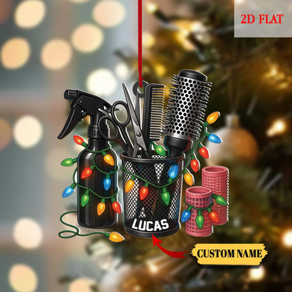 Personalized Name Hairdresser Barber 2D Flat Acrylic Ornament, Teen Girl Christmas, Hairstylist Ornament, Hairslylist Tool Set Ornament