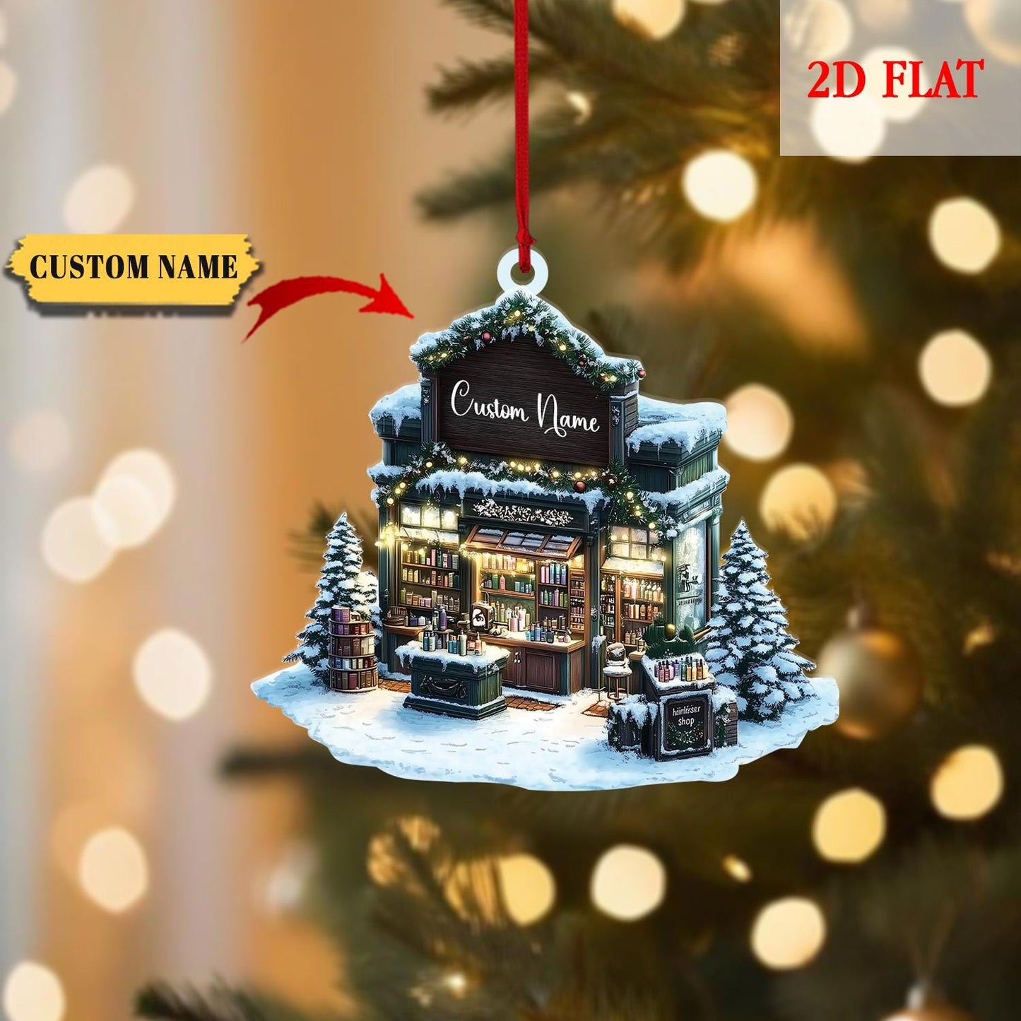 Personalized Bookstore Christmas 2D Flat Acrylic Ornament, Bookshop Ornament For Book Lovers, Christmas Bookshelf Ornaments, Bookish Gift