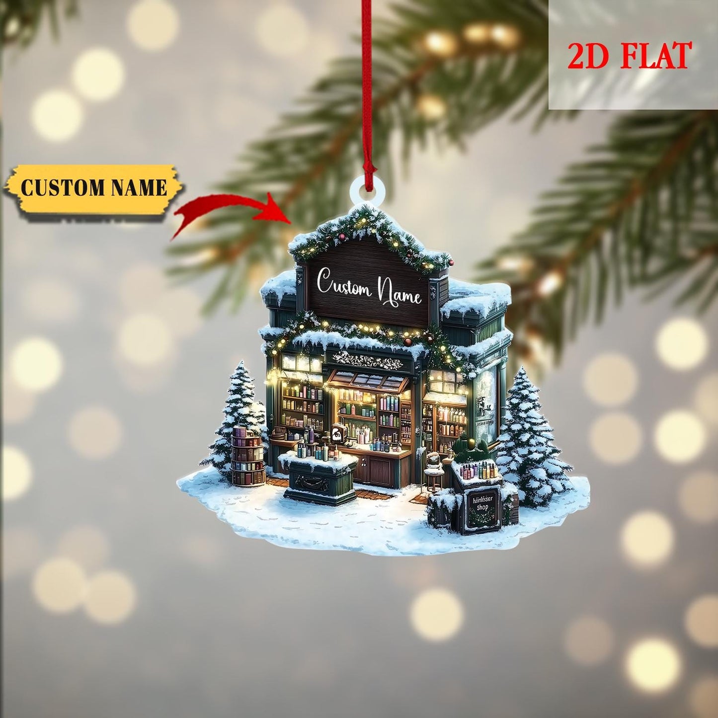 Personalized Bookstore Christmas 2D Flat Acrylic Ornament, Bookshop Ornament For Book Lovers, Christmas Bookshelf Ornaments, Bookish Gift