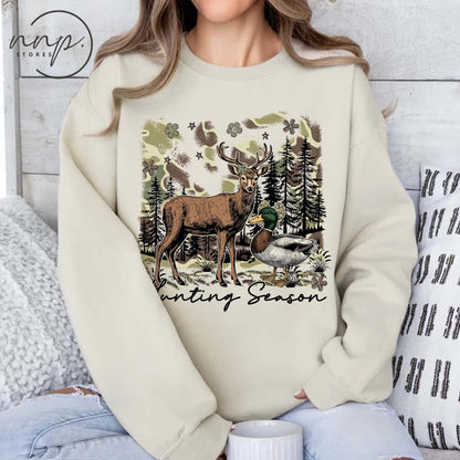 Hunting Season Deer Duck Sweatshirt, Camo Hunter Wildlife Hoodie, Fall Hunting T Shirt, Toddler Youth Outdoorsman Top, Waterfowl Deer Tee