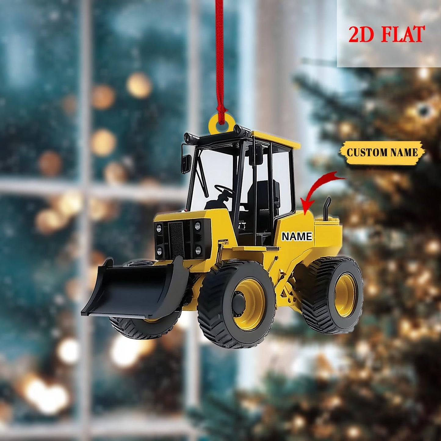 Custom Name Bulldozer With Santa Hat and Christmas Lights Flat 2D Ornament, Christmas Tree Hanging Decor, Bulldoze Christmas Decoration
