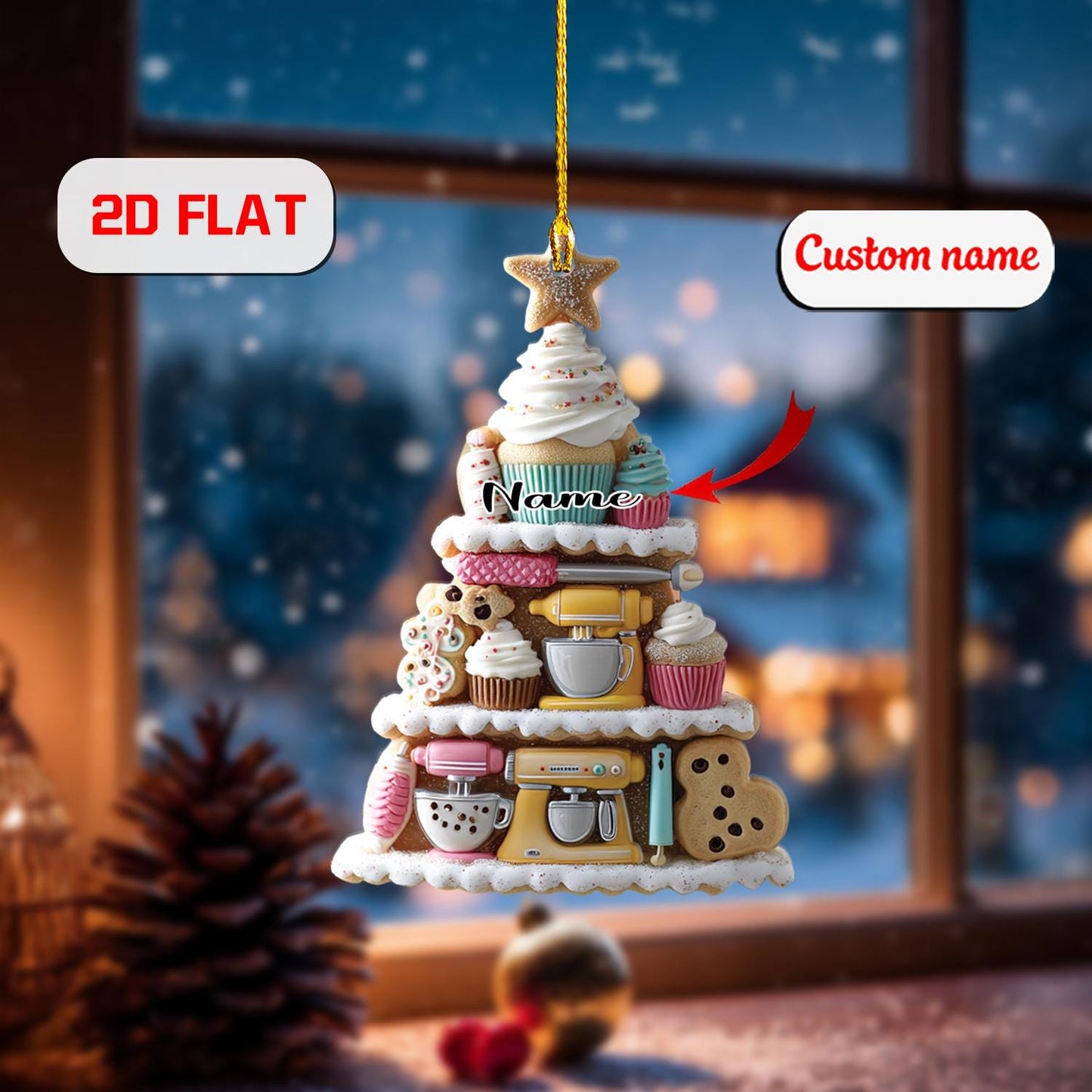 2D acrylic ornament, flat christmas ornament, personalized baking ornament, custom name ornament, cupcake ornament, baker xmas gift