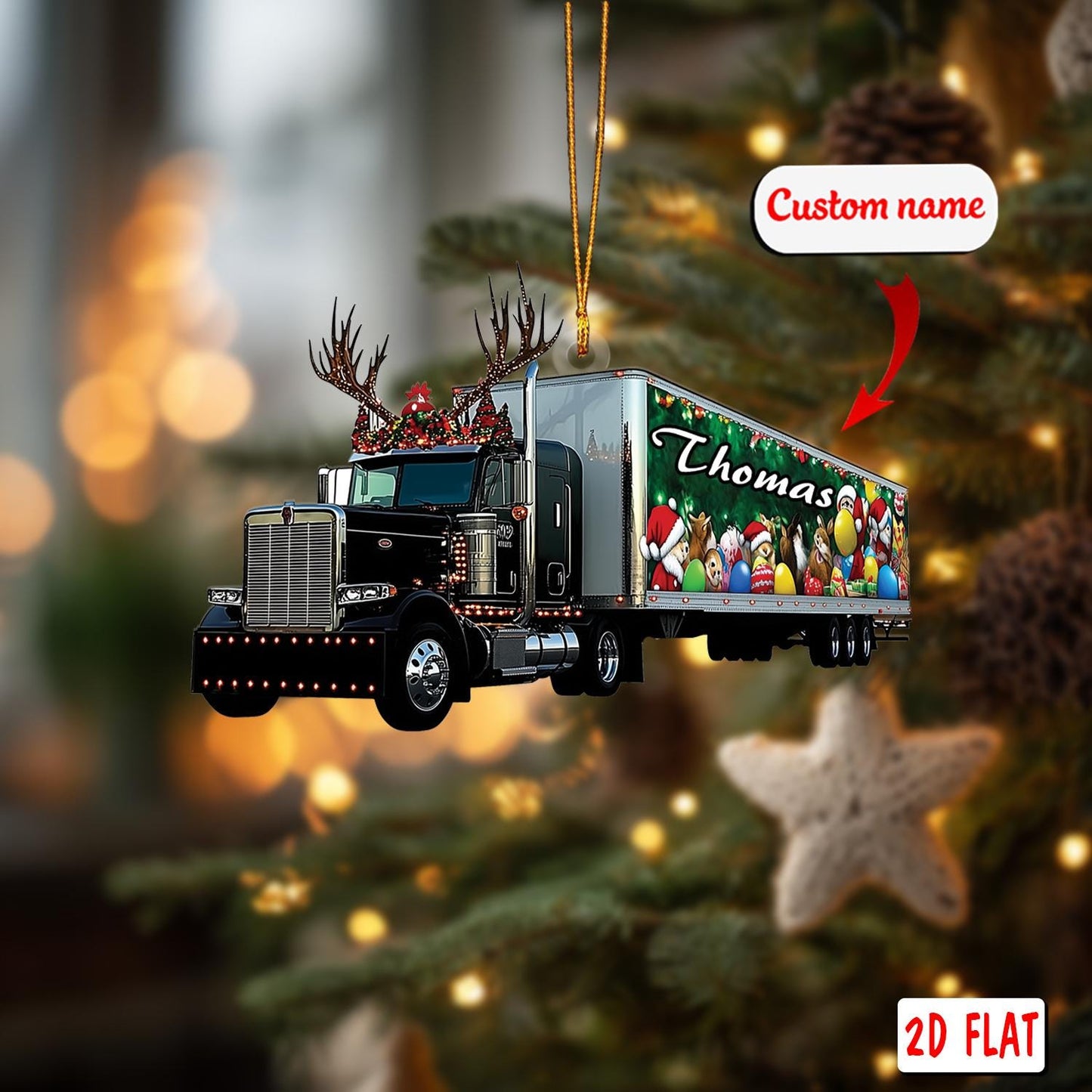 2D acrylic ornament, flat christmas ornament, personalized truck ornament, custom name ornament, semi truck ornament, reindeer xmas gift