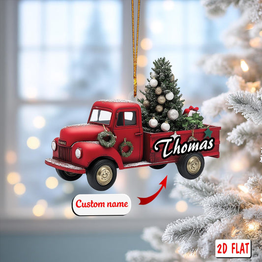 2D acrylic ornament, flat christmas ornament, personalized red truck ornament, custom name ornament, vintage christmas decor, xmas gift