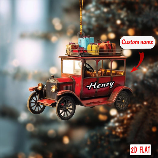 2D acrylic ornament, flat christmas ornament, personalized vintage car ornament, custom name ornament, classic car decor, retro xmas gift
