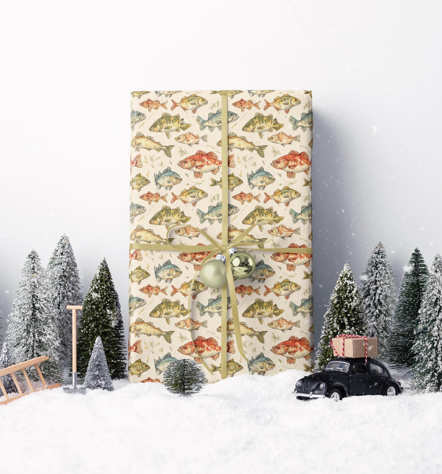 Fishing Wrapping Paper Outdoor Hobby Gift Wrap with Vintage Fish and Rods Print for Nature and Lake Lovers